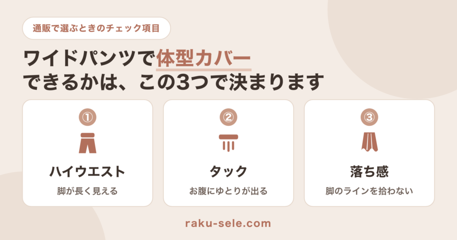 ワイドパンツで体型カバーできるかを決める3つの条件（ハイウエスト・タック・落ち感）の図解